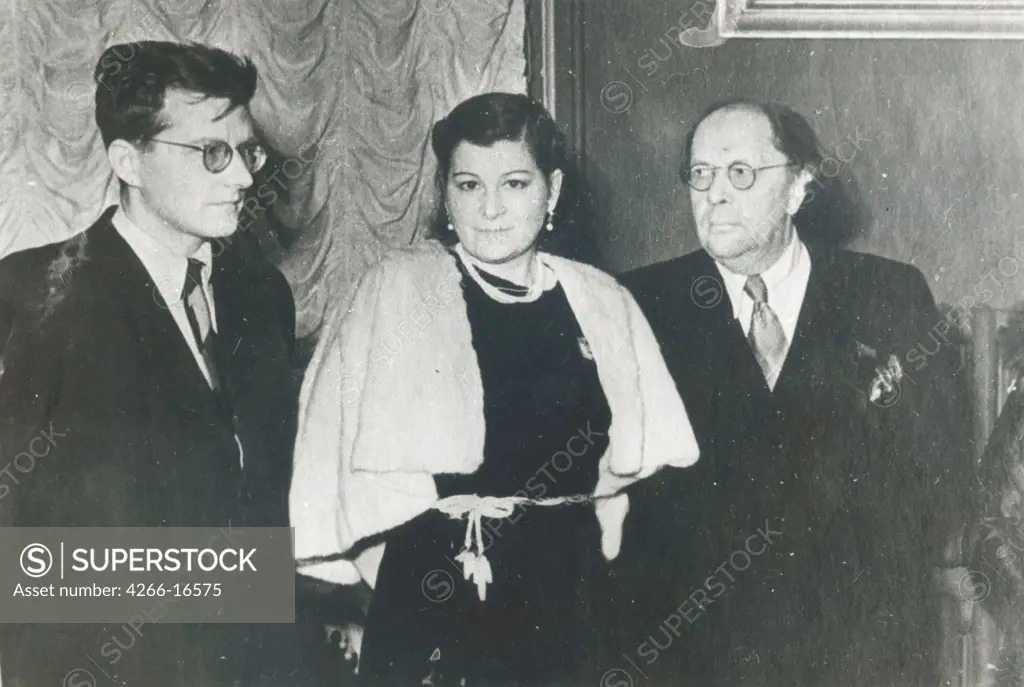 The Composer Dmitri Shostakovich, singer Maria Maksakova and writer Aleksey Tolstoy by Russian Photographer  /Russian State Archive of Literature and Art, Moscow/1943/Photograph/Russia/Portrait