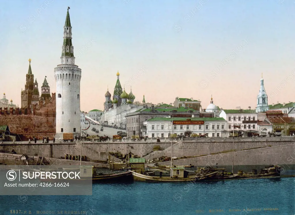 View of the St Basil's Slope, as seen from the Moskva River by Anonymous  /Private Collection/Between 1890 and 1905/Photochrom/Russia/Architecture, Interior,Landscape