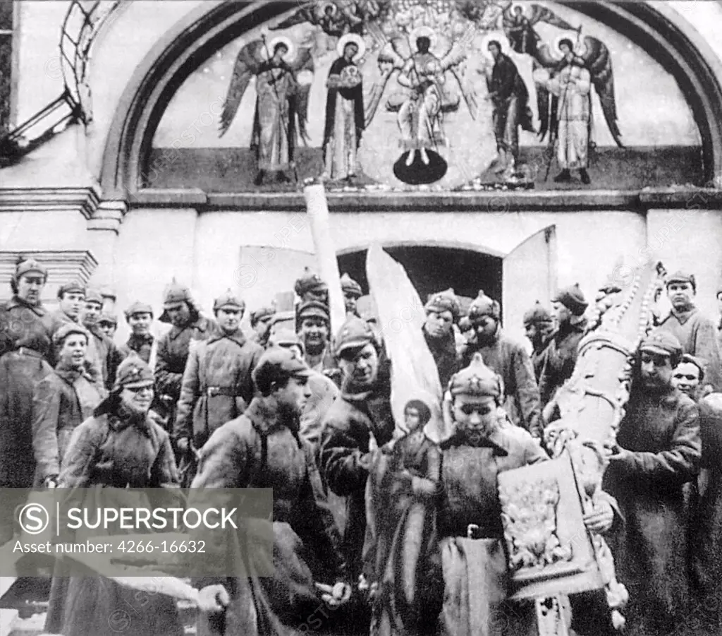 Red Army Men confiscating the church treasures from the Simonov monastery by Anonymous  /State Museum of the Political History of Russia, St. Petersburg/1925/Photograph/Russia/Genre,History