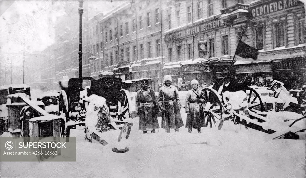 Revolutionary barricades at the Liteyny Prospekt in Petrograd. February 27, 1917 by Anonymous  /State Museum of the Political History of Russia, St. Petersburg/1917/Photograph/Russia/History