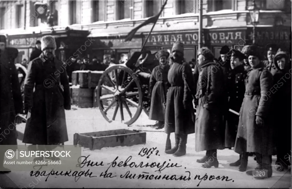 Revolutionary barricades at the Liteyny Prospekt in Petrograd by Anonymous  /State Museum of the Political History of Russia, St. Petersburg/1917/Photograph/Russia/Genre,History