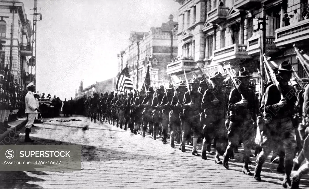 American troops in Vladivostok parading before the building occupied by the staff of the Czecho-Slovaks by Anonymous  /Private Collection/1918/Photograph/USA/History