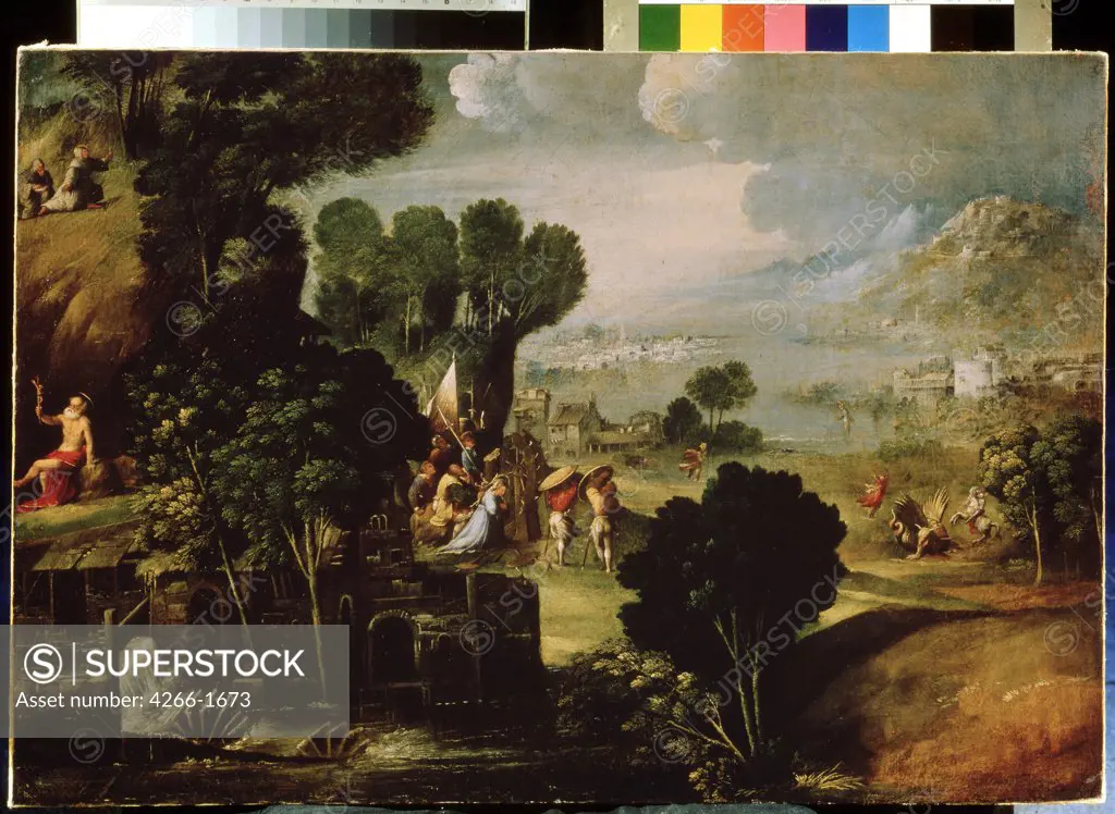 Landscape with scenes from Lives of Saints by Dosso Dossi, oil on canvas, circa 1530, 16th century, School of Ferrara, Russia, Moscow, State A. Pushkin Museum of Fine Arts, 60x87