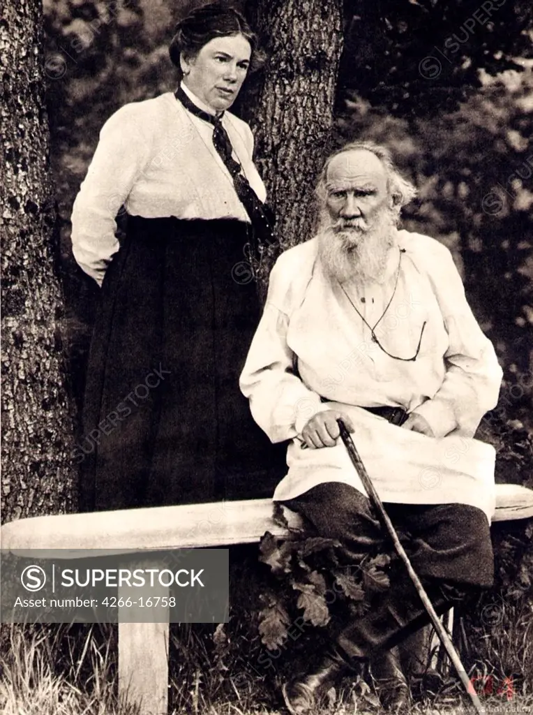 Leo Tolstoy and Daughter Alexandra by Chertkov, Vladimir Grigorievich (1854-1936)/Russian State Archive of Literature and Art, Moscow/End 1890s/Photograph/Russia/Portrait