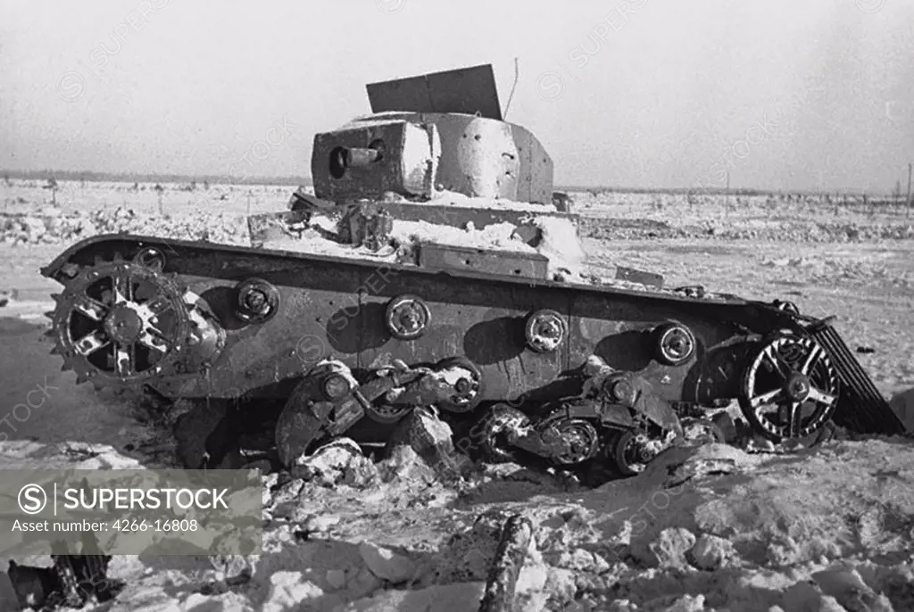 A Finnish tank destroyed in February 1940. The Winter War by Anonymous  /Russian State Film and Photo Archive, Krasnogorsk/1940/Photograph/Russia/History