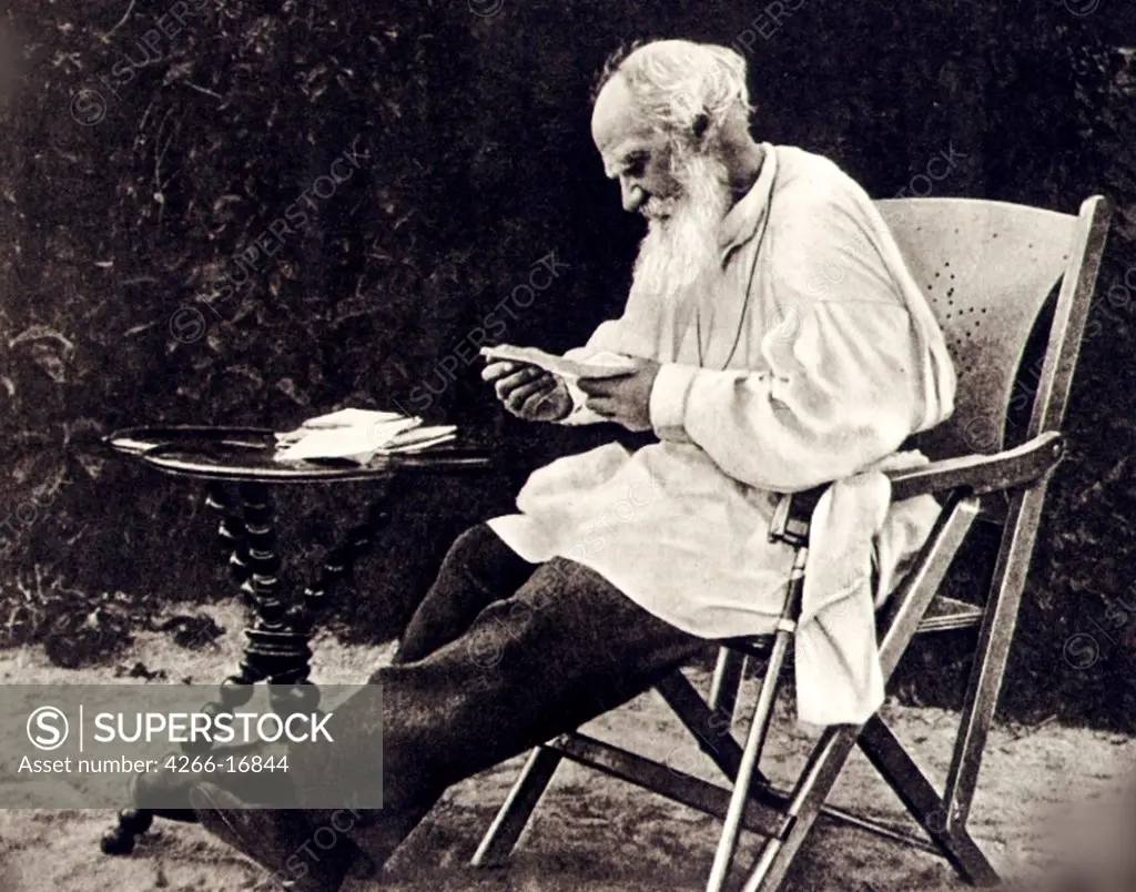 Leo Tolstoy Reading the Post by Anonymous  /State Museum of Leo Tolstoy, Moscow/1909/Photograph/Russia/Portrait