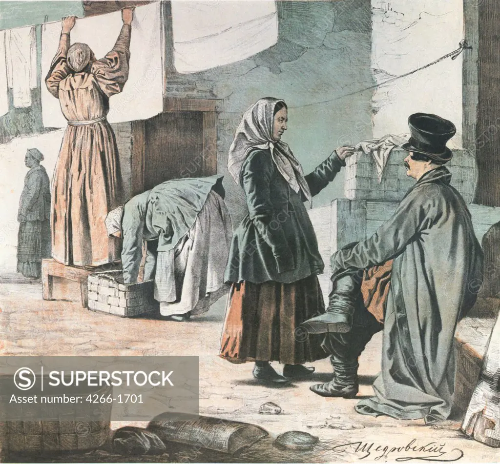 Women hanging laundry by Ignati Stepanovich Shchedrovsky, color lithograph, 1846, 1815-1870, Russia, Moscow, State A. Pushkin Museum of Fine Arts