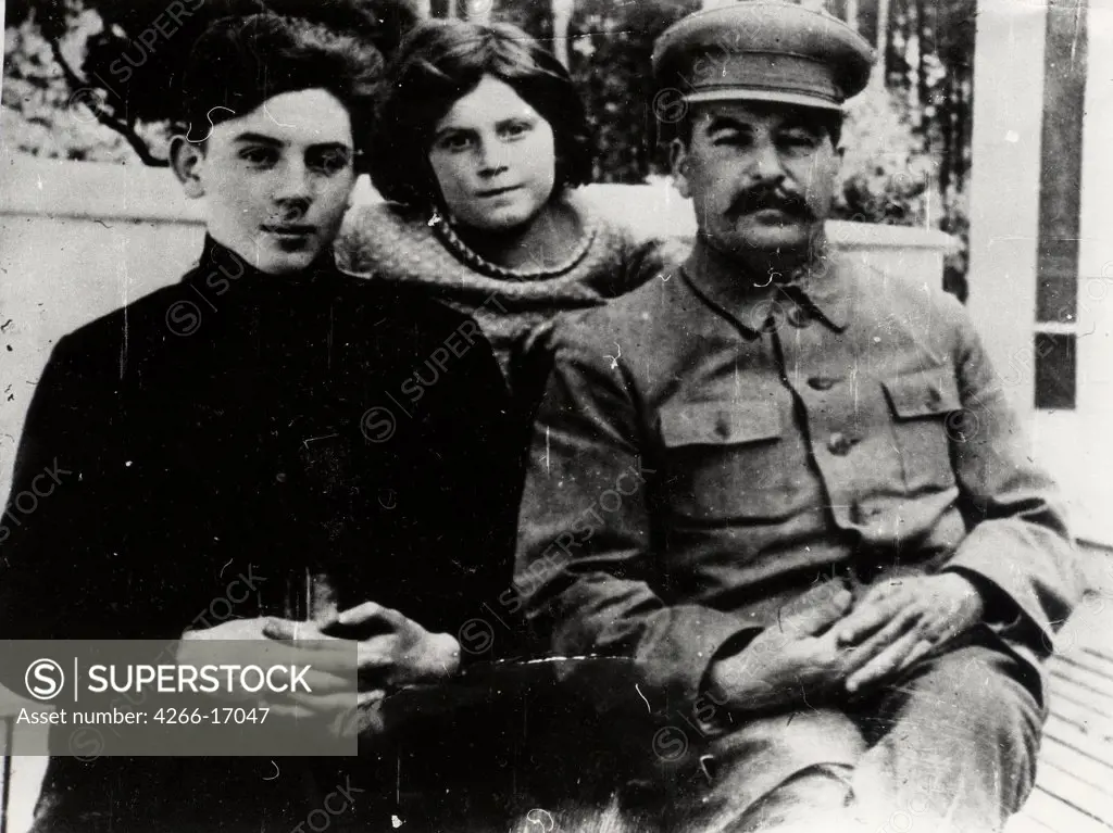 Josef Stalin with daughter Svetlana and son Vasily (1921-1962) by Anonymous  /Private Collection/1930s/Photograph/Russia/Portrait
