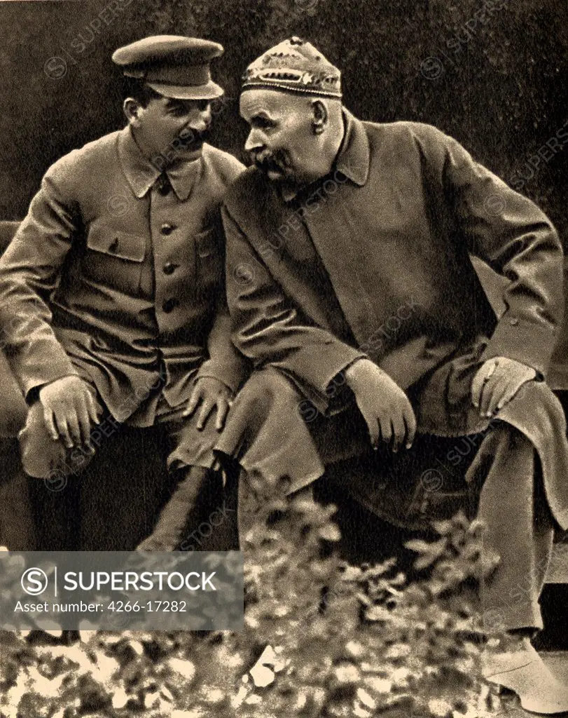 Joseph Stalin and Maxim Gorky by Anonymous  /The Russian State Library, Moscow/1931/Photochrom/Russia/Portrait,History