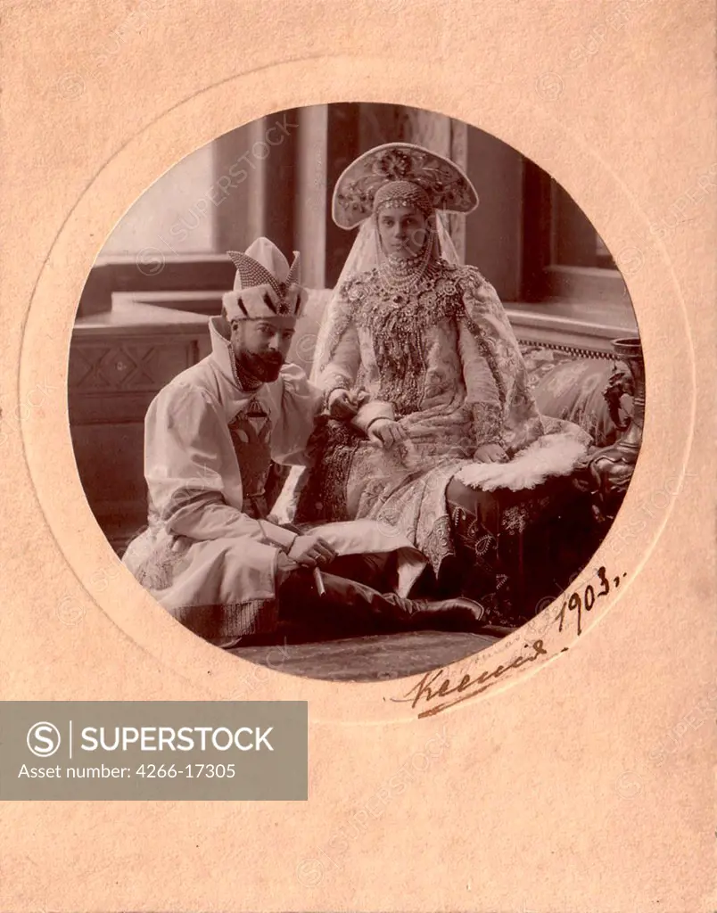 Grand Duke Alexander Mikhailovich of Russia with his wife, Grand Duchess Xenia Alexandrovna of Russia by Bergamasco, Charles (Karl) (1830_1896)/Private Collection/1903/Photograph/Russia/Portrait,Tsar's Family. House of Romanov