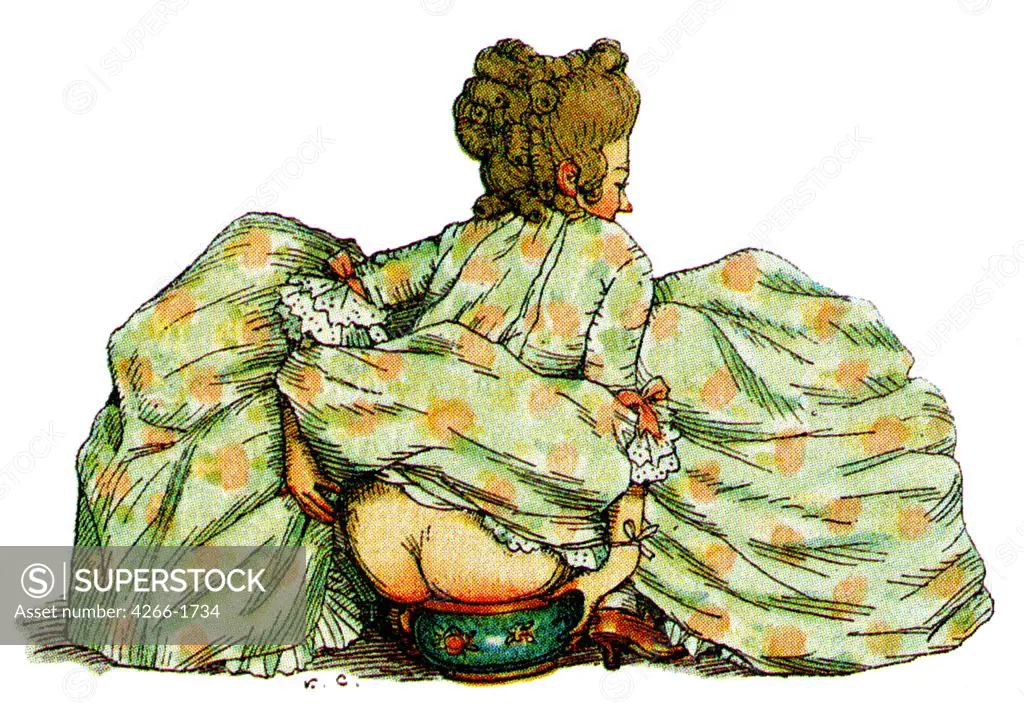 Lady using chamber pot by Konstantin Andreyevich Somov, color lithograph, 1908, 1869-1939, Russia, Moscow, Russian State Library, 7x10, 5