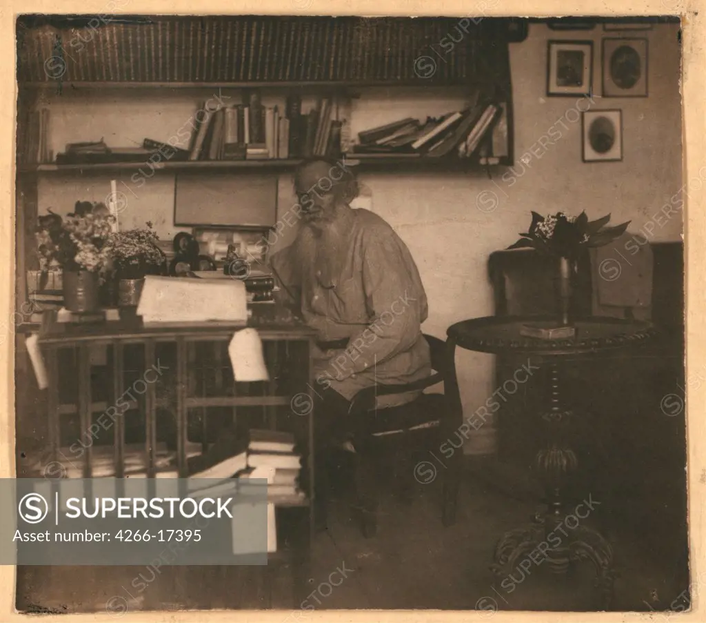 Leo Tolstoy in his studio. Yasnaya Polyana by Prokudin-Gorsky, Sergey Mikhaylovich (1863-1944)/Russian State Film and Photo Archive, Krasnogorsk/1908/Photograph/Russia/Portrait