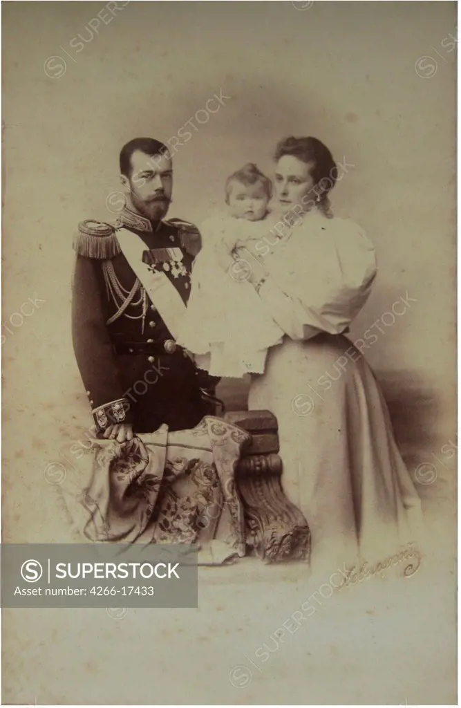Portrait of Nicholas II of Russia with Alexandra Fyodorovna and Daughter Olga by Levitsky, Sergei Lvovich (1819-1898)/Private Collection/1895/Photochrom/Russia/Portrait,Tsar's Family. House of Romanov