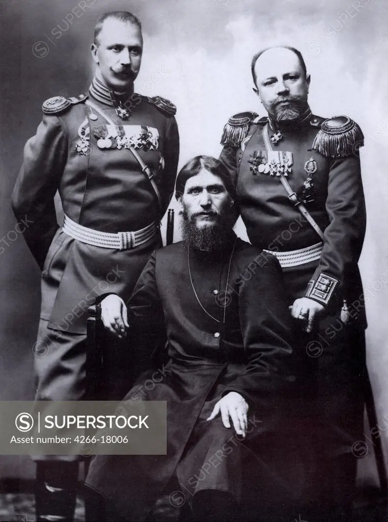 Grigori Rasputin, General Count Mikhail Putyatin (right) and Colonel Dmitriy Lotman by Bulla, Karl Karlovich (1853-1929)/Russian State Film and Photo Archive, Krasnogorsk/1904-1905/Photograph/Russia/Portrait