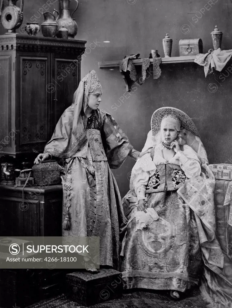Girls in a Russian dress by Karelin, Andrei Osipovich (1837-1906)/Museum of Photography History, Nizhni Novgorod/1870s-1880s/Albumin Photo/Russia/Portrait,Genre