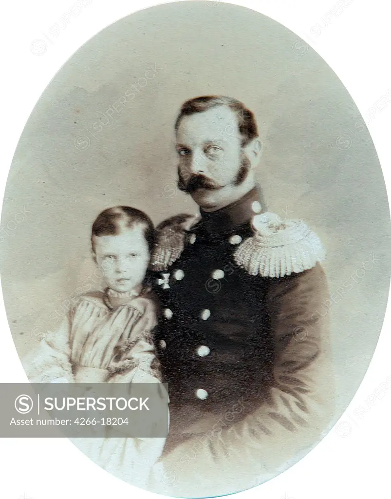 Portrait of Emperor Alexander II (1818-1881) with Daughter, Grand Duchess Maria Alexandrovna of Russia (1853-1920) by Deniere, Andrei (Heinrich-Johann) (1820-1892)/Private Collection/End of 1850s/Salt paper photo, sepia and white colour/Russia/Tsar's Fami