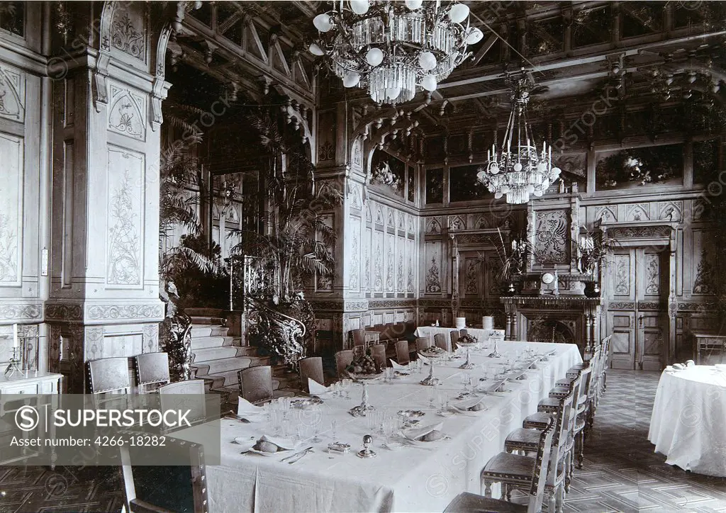The Dining room of the Emperor palace in the Bialowieza Park by Photo studio I. Mechkovsky  /State United Museum Centre in the Kremlin, Moscow/1894/Silver Gelatin Photography/Russia/Architecture, Interior,Tsar's Family. House of Romanov