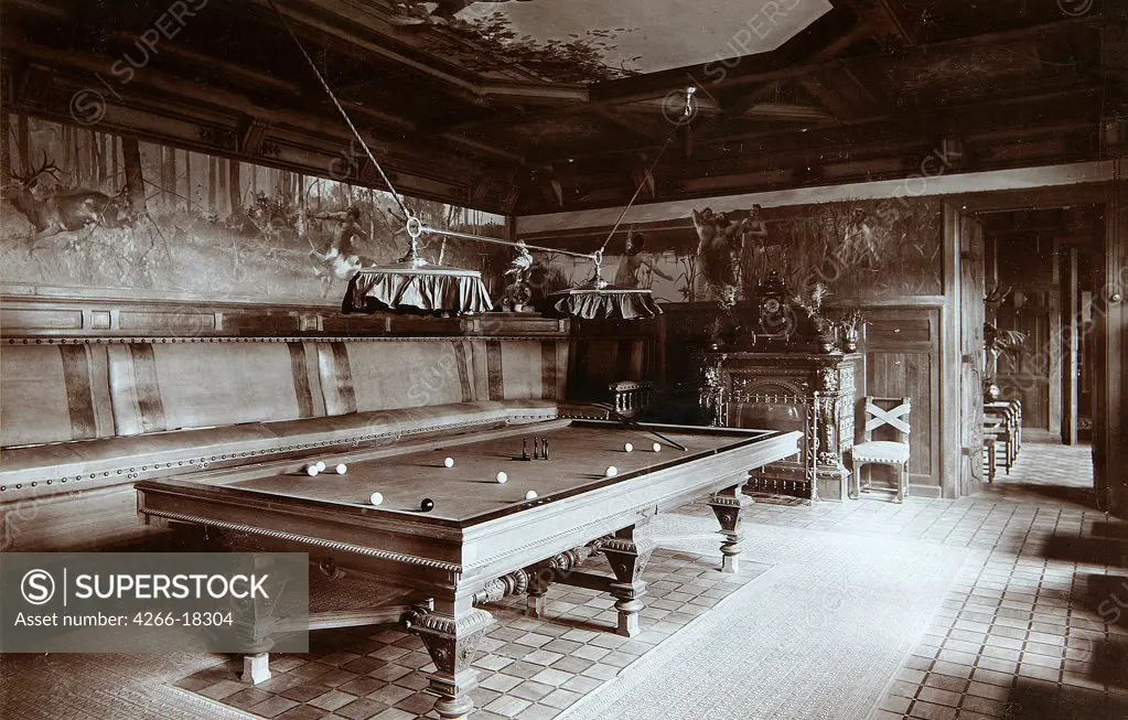 The billiard room in the Emperor palace in the Bialowieza Park by Photo studio I. Mechkovsky  /State United Museum Centre in the Kremlin, Moscow/1894/Silver Gelatin Photography/Russia/Architecture, Interior,Tsar's Family. House of Romanov