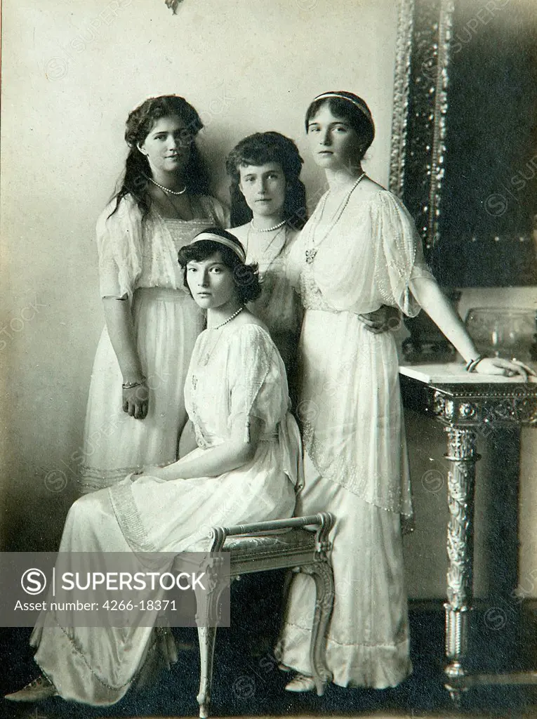 Grand Duchesses Olga of Russia, Tatiana of Russia, Maria of Russia and Anastasia of Russia in the sitting-room by Photo studio K. von Hahn /State Museum of History, Moscow/Early 20th cen./Photograph/Germany/Tsar's Family. House of Romanov