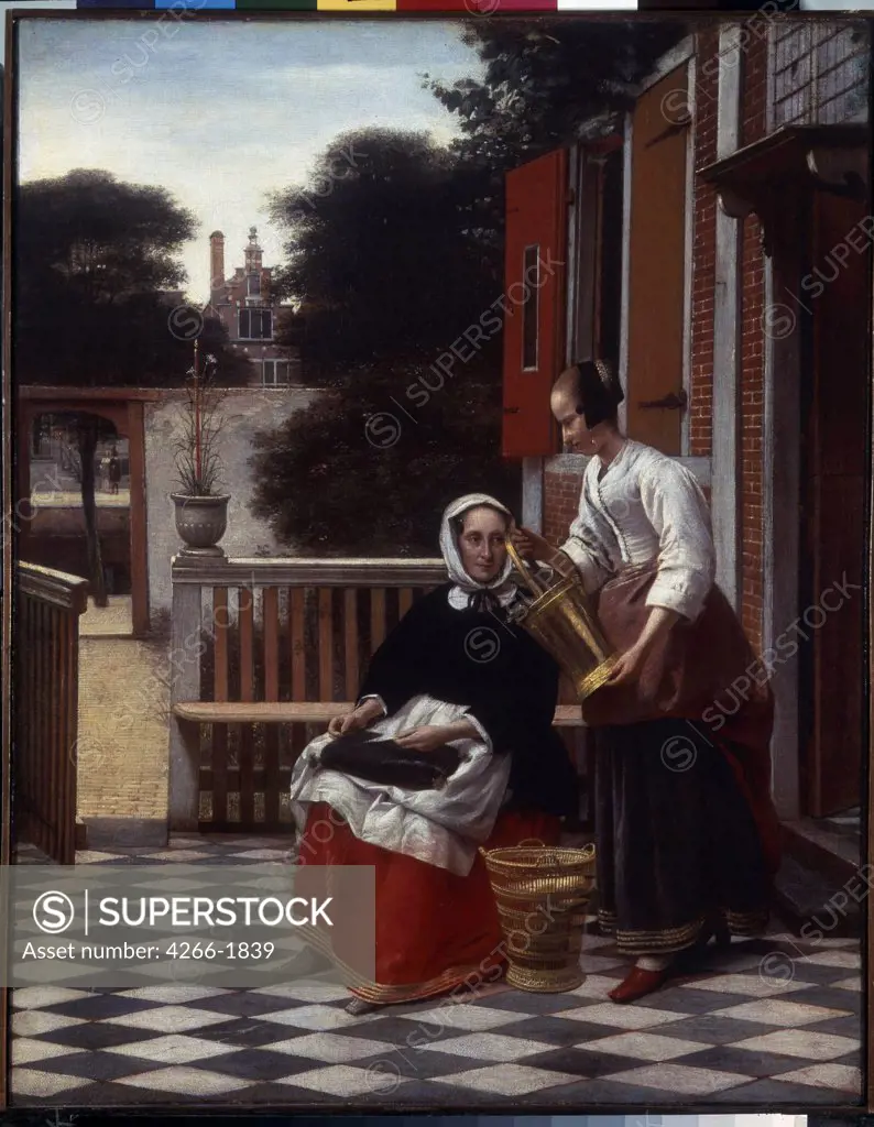 Women on backyard by Pieter de Hooch, oil on canvas, 1660, 1629-1684, Russia, St. Petersburg, State Hermitage, 53x42