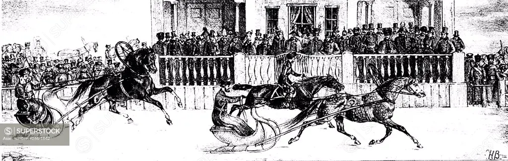 Horseracing by Nikolai Grigorievich Vanifantiev, lithograph, 1846, active Mid 19th century, Russia, St. Petersburg, State Russian Museum