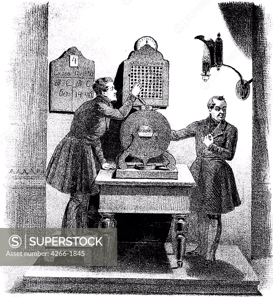 Bingo machine by Rudolf Kasimirovich Zhukovsky, lithograph, 1840s, 1814-1886, Russia, St. Petersburg, State Russian Museum