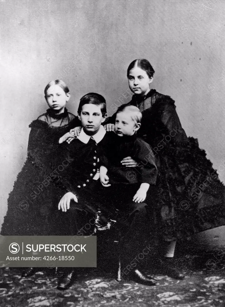 The Children of Grand Duke Constantin Nicholaevich of Russia: Vera, Nicholas, Constantin and Olga by Russian Photographer  /Russian State Film and Photo Archive, Krasnogorsk/1860-1861/Albumin Photo/Russia/Tsar's Family. House of Romanov