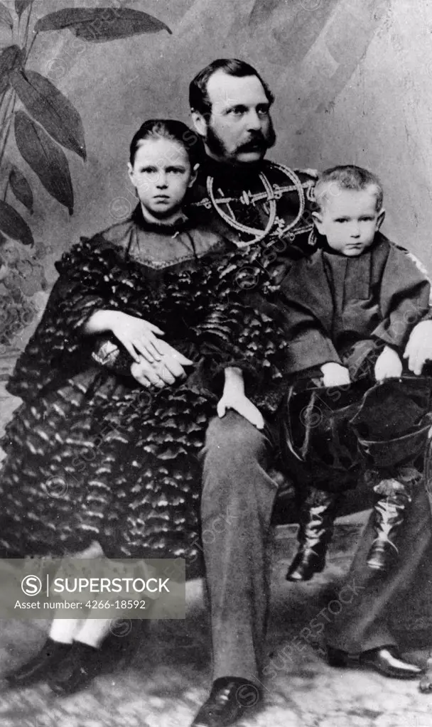 Portrait of Emperor Alexander II of Russia (1818-1881) with daughter Maria and son Sergei by Russian Photographer  /Russian State Film and Photo Archive, Krasnogorsk/1860-1862/Albumin Photo/Russia/Tsar's Family. House of Romanov