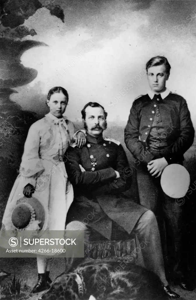 Portrait of Emperor Alexander II of Russia (1818-1881) with daughter Maria and son Sergei by Alexandrovsky, Ivan Fyodorovich (1817-1894)/Russian State Film and Photo Archive, Krasnogorsk/Albumin Photo/Russia/Tsar's Family. House of Romanov