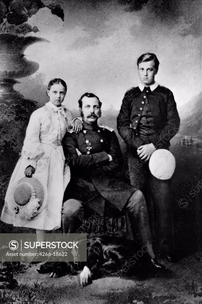 Portrait of Emperor Alexander II of Russia (1818-1881) with daughter Maria and son Alexei by Russian Photographer  /Russian State Film and Photo Archive, Krasnogorsk/1863/Albumin Photo/Russia/Tsar's Family. House of Romanov