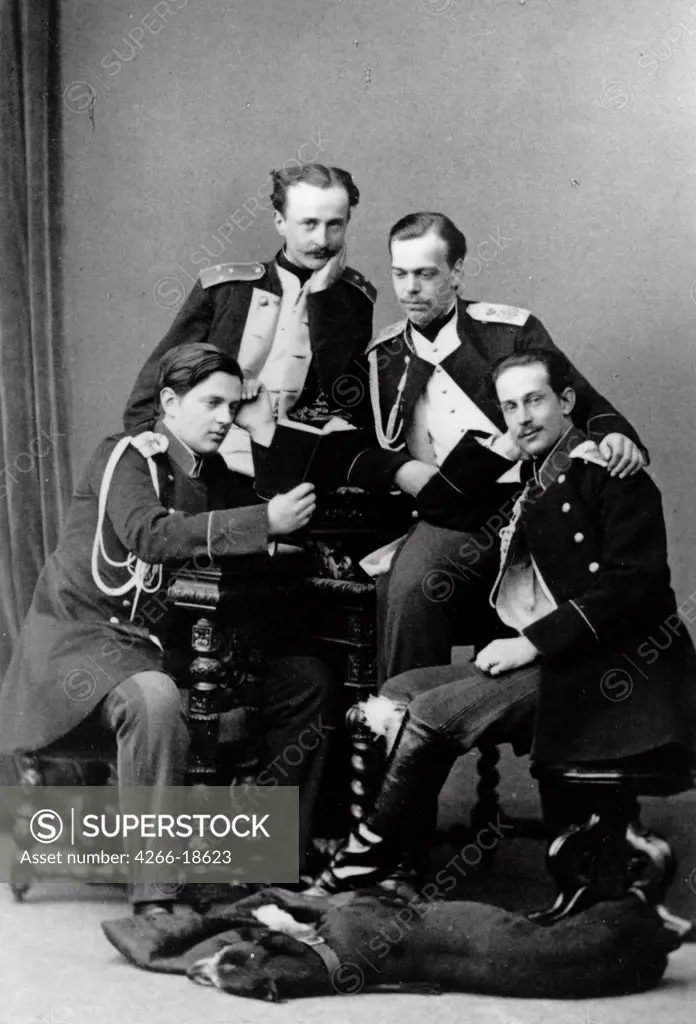 Grand Duke Alexander with brother Vladimir and cousins Nicholas Maximilianovich and Sergei Maximilianovich of Leuchtenberg by Levitsky, Sergei Lvovich (1819-1898)/Russian State Film and Photo Archive, Krasnogorsk/Albumin Photo/Russia/Tsar's Family. House