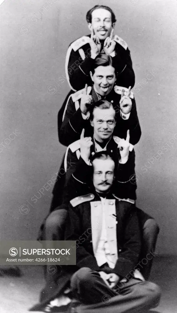 Grand Duke Alexander with brother Vladimir and cousins Nicholas Maximilianovich and Sergei Maximilianovich of Leuchtenberg by Levitsky, Sergei Lvovich (1819-1898)/Russian State Film and Photo Archive, Krasnogorsk/Albumin Photo/Russia/Tsar's Family. House
