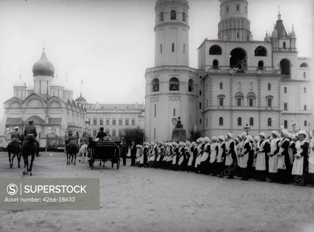 Tsar Nicholas II receives the parade of the pupils of Moscow in the Kremlin by Photo studio K. von Hahn  /Russian State Film and Photo Archive, Krasnogorsk/1912/Silver Gelatin Photography/Russia/Tsar's Family. House of Romanov