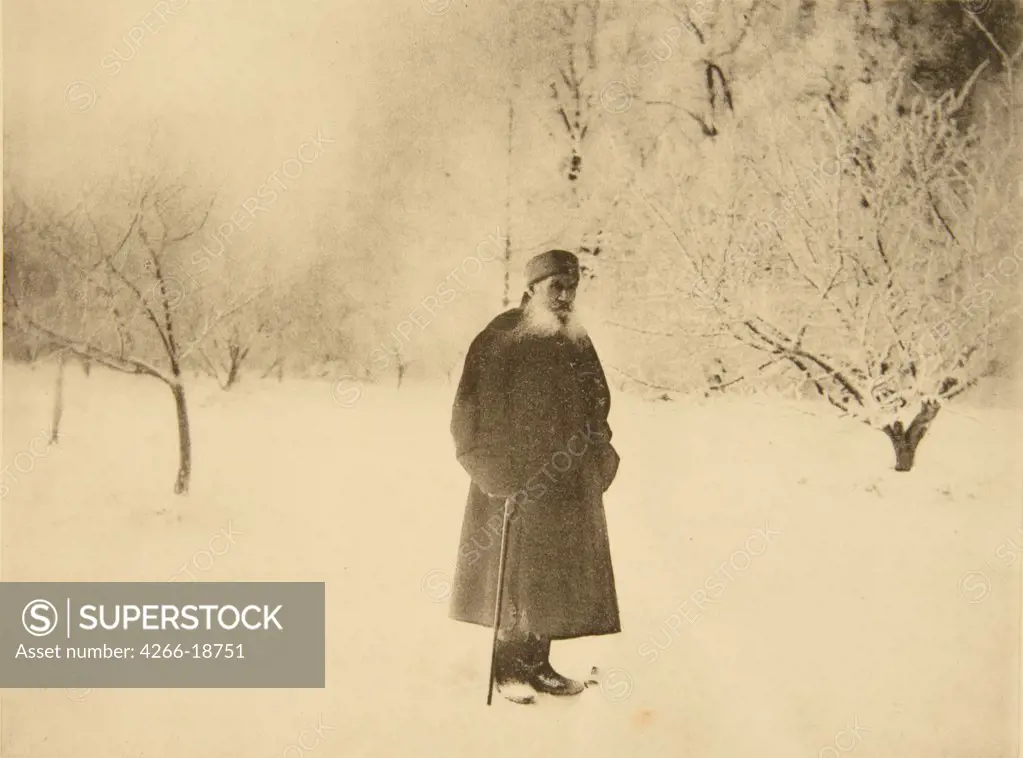 Winter walking of Leo Tolstoy by Tolstaya, Sophia Andreevna (1844-1919)/State Museum The Tolstoy's Estate Yasnaya Polyana/1900s/Albumin Photo/Russia/Genre
