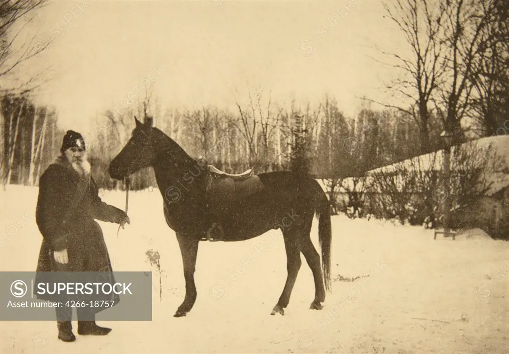 Leo Tolstoy with a Horse in Yasnaya Polyana by Tolstaya, Sophia Andreevna (1844-1919)/State Museum The Tolstoy's Estate Yasnaya Polyana/1905/Albumin Photo/Russia/Genre