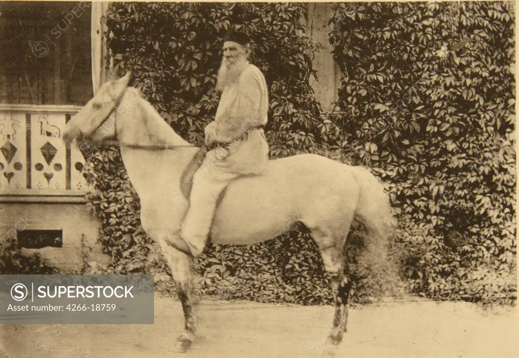 Leo Tolstoy on horseback in Moscow by Tolstaya, Sophia Andreevna (1844-1919)/State Museum of Leo Tolstoy, Moscow/1890s/Albumin Photo/Russia/Portrait,Genre