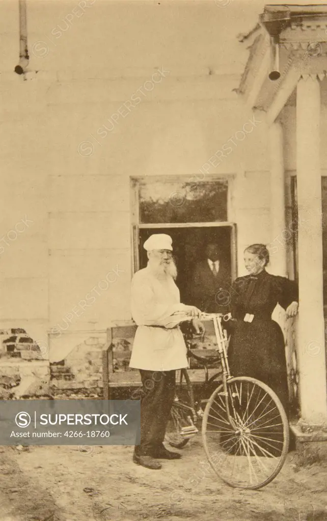 Leo Tolstoy with a Bicycle by Tolstaya, Sophia Andreevna (1844-1919)/State Museum of Leo Tolstoy, Moscow/1890s/Albumin Photo/Russia/Genre