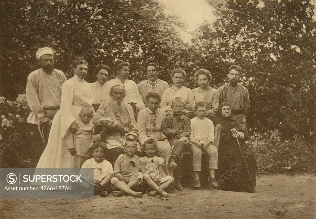 Leo Tolstoy with his Family in Yasnaya Polyana by Tolstaya, Sophia Andreevna (1844-1919)/State Museum The Tolstoy's Estate Yasnaya Polyana/1890s/Albumin Photo/Russia/Portrait,Genre