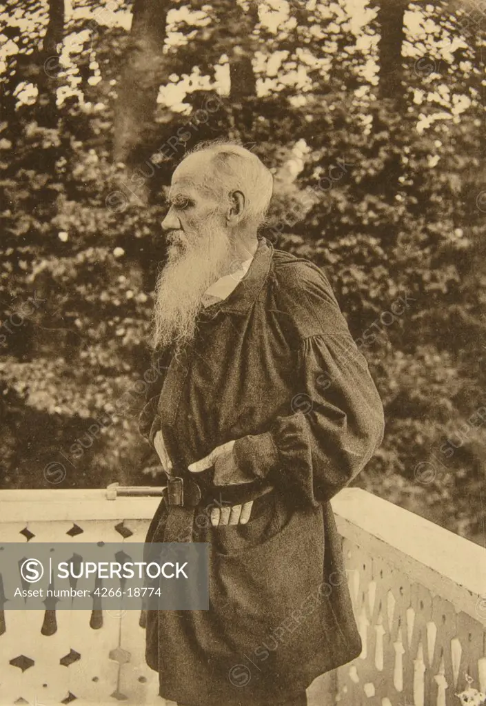 Leo Tolstoy on the Balcony by Tolstaya, Sophia Andreevna (1844-1919)/State Museum of Leo Tolstoy, Moscow/1890s/Albumin Photo/Russia/Portrait