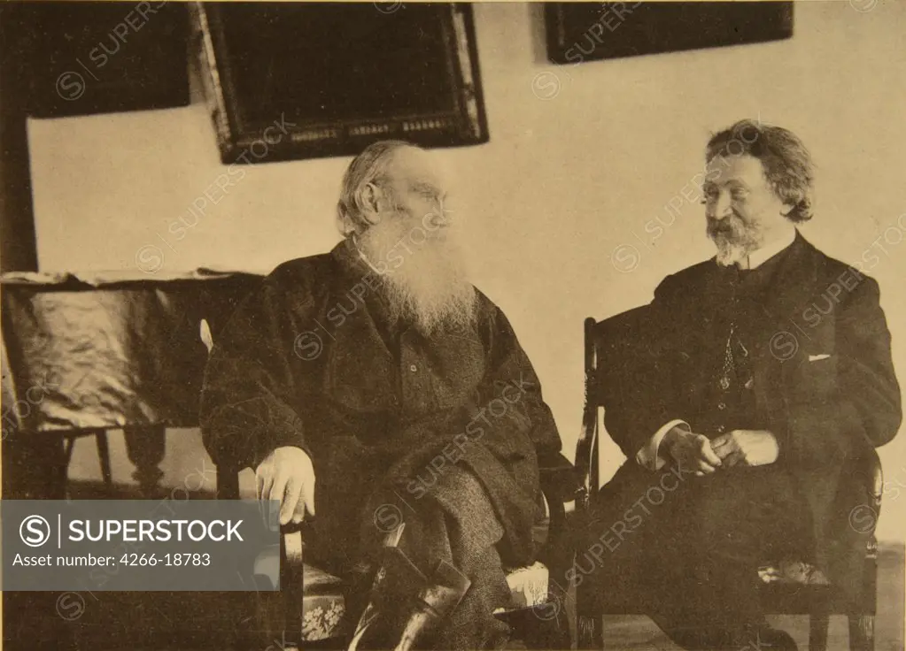 Leo Tolstoy with the painter Ilya Repin (1844_1930) by Tolstaya, Sophia Andreevna (1844-1919)/State Museum of Leo Tolstoy, Moscow/1907/Albumin Photo/Russia/Portrait