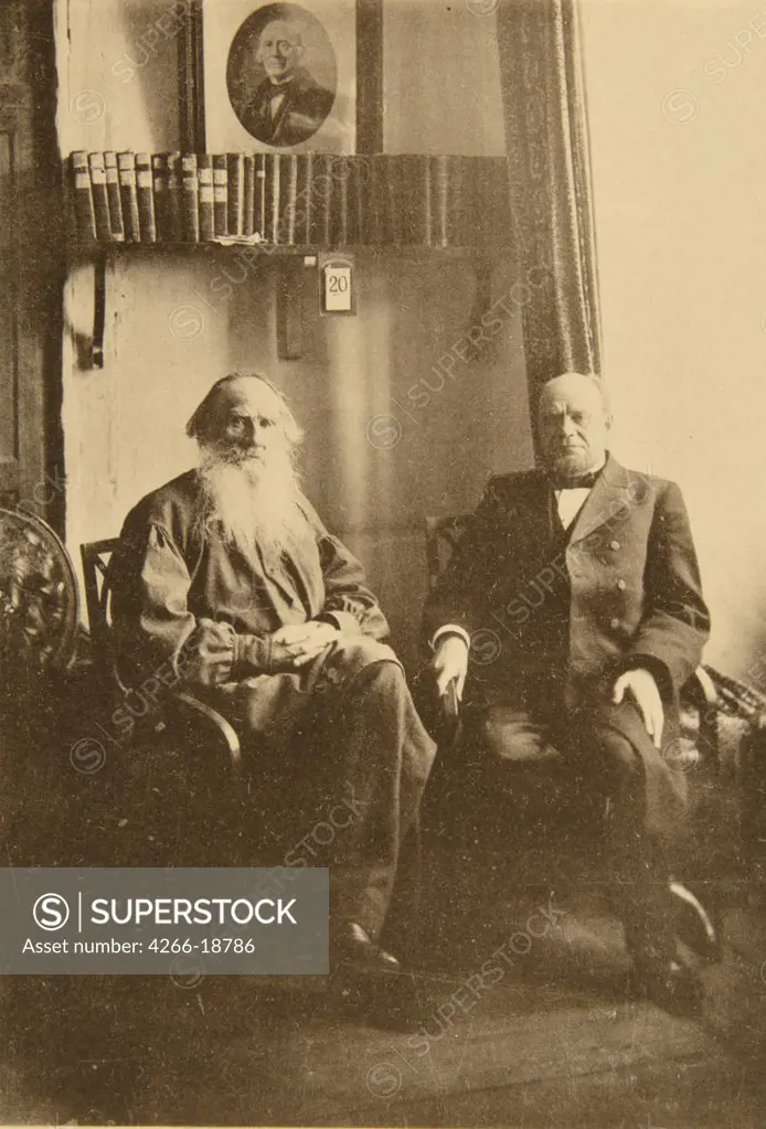 Leo Tolstoy with the Liberal Jurist Anatoly Koni (1844-1927) by Tolstaya, Sophia Andreevna (1844-1919)/State Museum of Leo Tolstoy, Moscow/1900s/Albumin Photo/Russia/Portrait