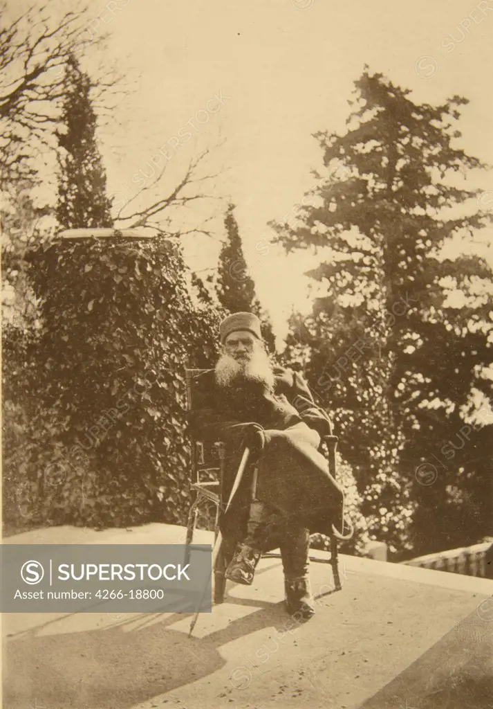 Leo Tolstoy in Gaspra on the Crimea by Tolstaya, Sophia Andreevna (1844-1919)/State Museum of Leo Tolstoy, Moscow/1902/Albumin Photo/Russia/Portrait