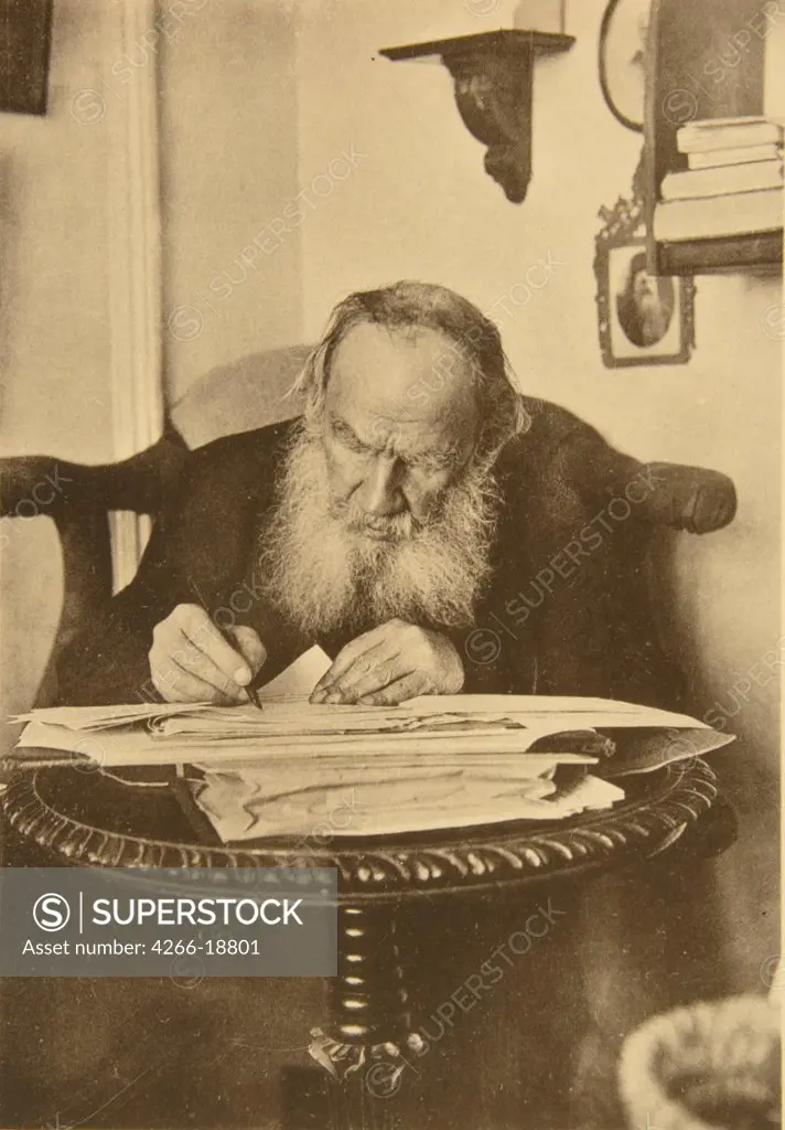 Leo Tolstoy at the work by Tolstaya, Sophia Andreevna (1844-1919)/State Museum of Leo Tolstoy, Moscow/1900s/Albumin Photo/Russia/Portrait,Genre