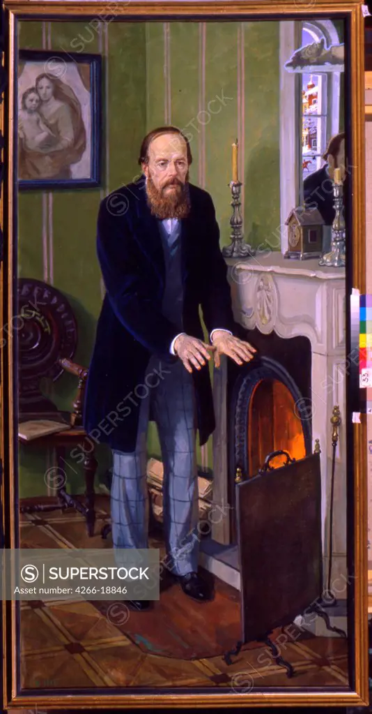 Portrait of the author Fyodor M. Dostoevsky (1821-1881) by Zhilinsky, Dmitri Dmitrievich (*1927)/ Private Collection/ 1989/ Russia/ Tempera on canvas/ Modern/ 200x100/ Portrait