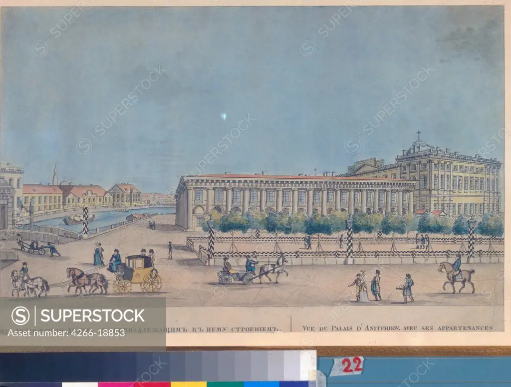 The Anichkov Palace in Saint Petersburg by Terebenev, Ivan Nikolayevich (1780-1815)/ State Russian Museum, St. Petersburg/ 1814/ Russia/ Copper engraving, watercolour/ Russian Painting of 19th cen./ Architecture, Interior
