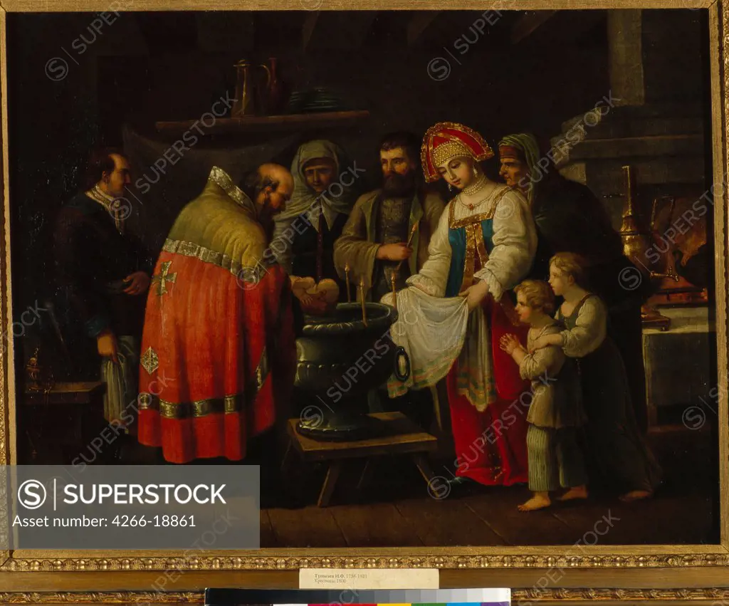 Infant Baptism by Tupylev, Ivan Philippovich (1758-1821)/ State Tretyakov Gallery, Moscow/ 1800/ Russia/ Oil on canvas/ Russian Art of 18th cen./ 54,5x83/ Genre