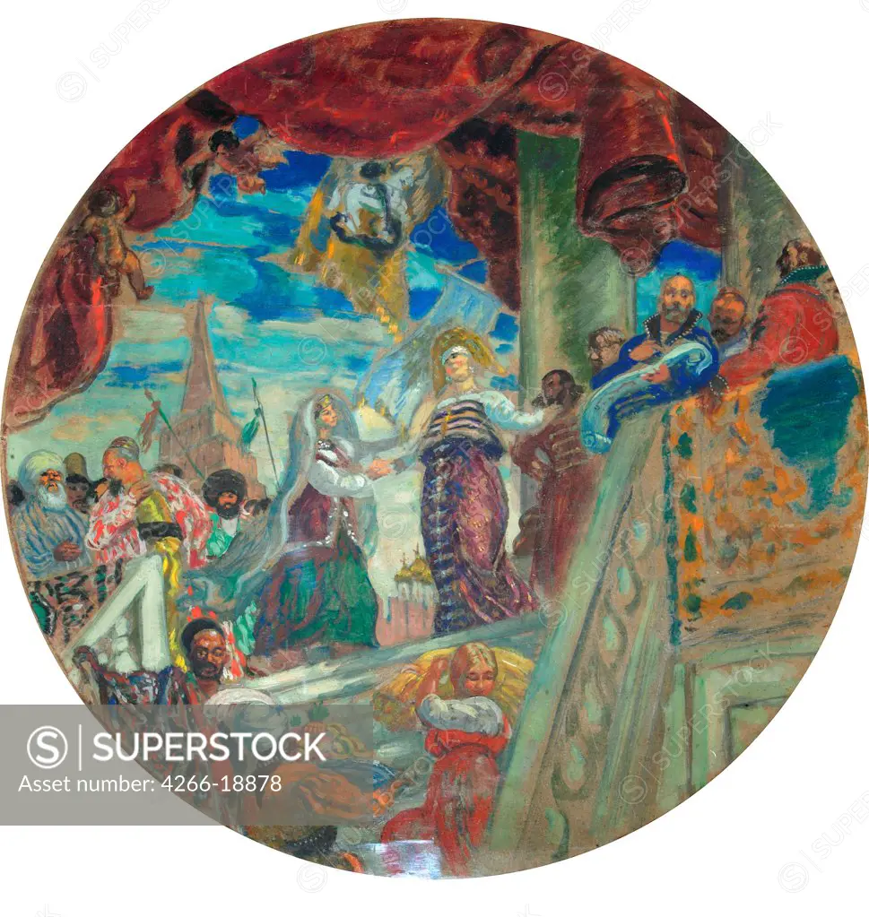 The Allegory of the Union of Kazan and Russia by Kustodiev, Boris Michaylovich (1878-1927)/ State Tretyakov Gallery, Moscow/ 1913/ Russia/ Oil on cardboard/ Russian Painting, End of 19th - Early 20th cen./ 86x88/ Mythology, Allegory and Literature,Histor