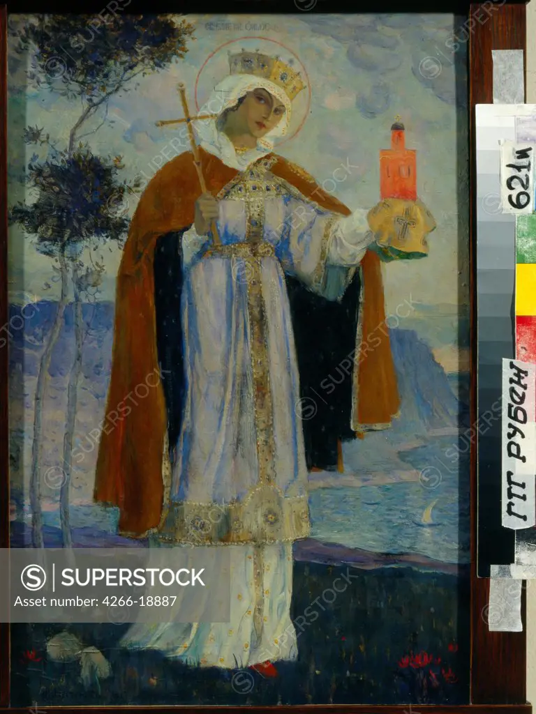 Saint Olga, Princess of Kiev by Nesterov, Mikhail Vasilyevich (1862-1942)/ State Tretyakov Gallery, Moscow/ 1927/ Russia/ Oil on wood/ Symbolism/ 54x35/ Portrait,Bible,History