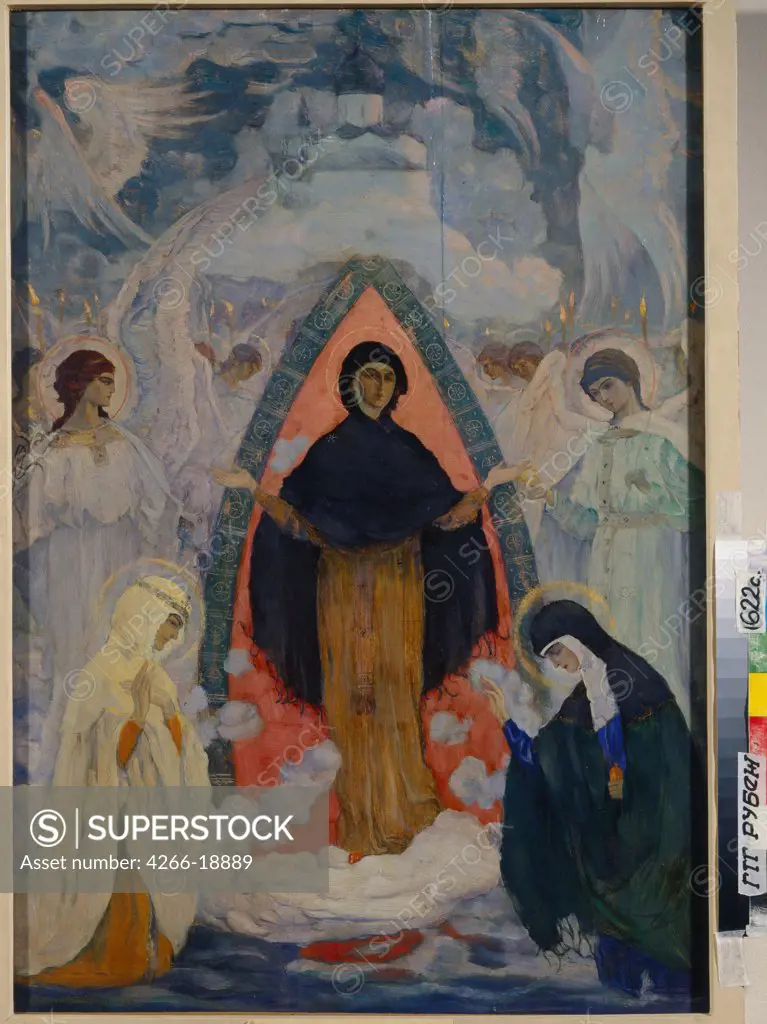 The Protection of the Mother of God (Pokrov) by Nesterov, Mikhail Vasilyevich (1862-1942)/ State Tretyakov Gallery, Moscow/ 1914/ Russia/ Oil on wood/ Symbolism/ 91x63/ Bible