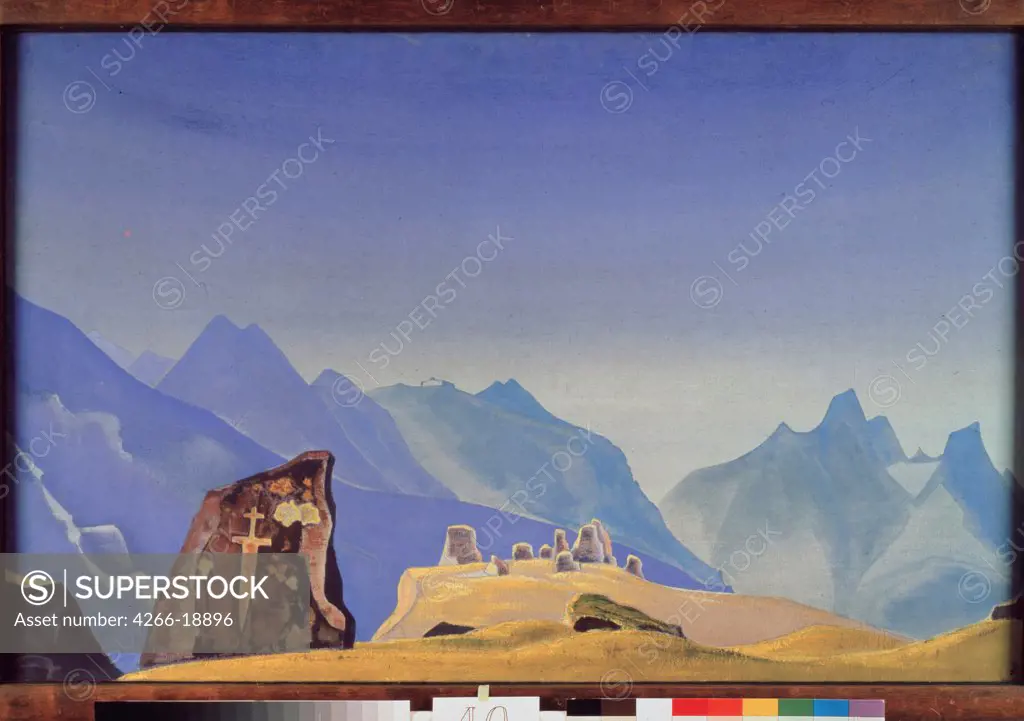 The Sword of Gesar Khan by Roerich, Nicholas (1874-1947)/ State Tretyakov Gallery, Moscow/ 1931/ Russia/ Tempera on canvas/ Symbolism/ 76x117/ Landscape,Mythology, Allegory and Literature